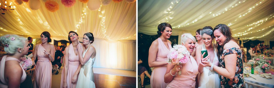 Bridesmaids catching wedding flowers