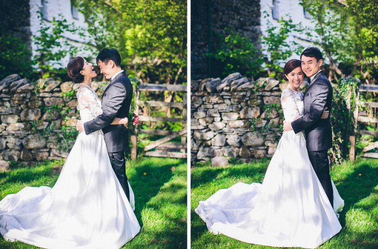 bride and groom hugging